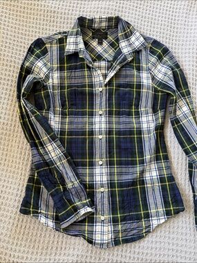 J. Crew Navy, Green & Yellow Plaid Button-Down Shirt “perfect” fit